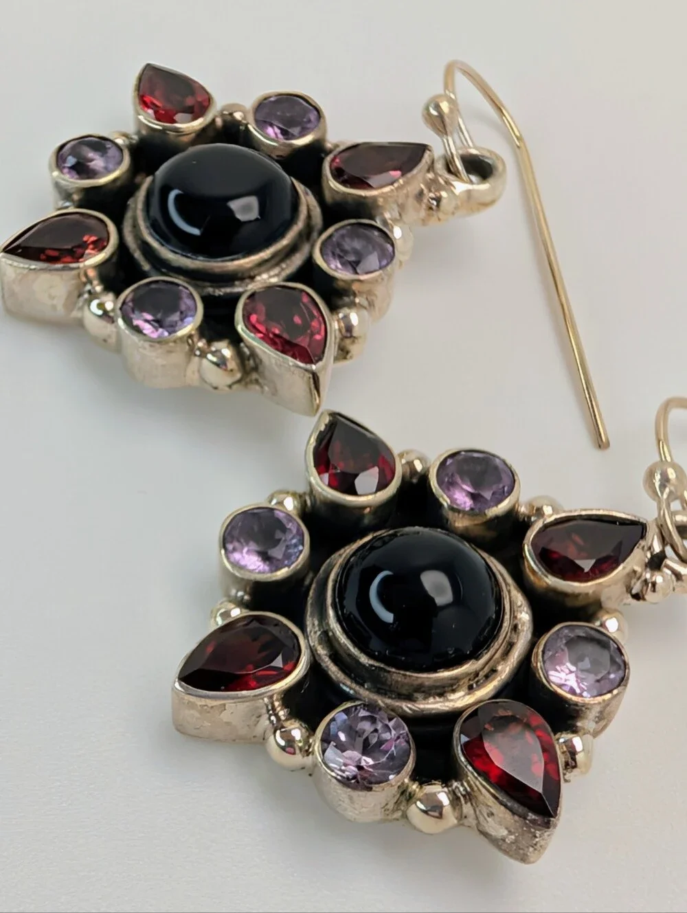 Garnet Amethyst Black Onyx S925 Sterling Silver Cluster Dangle Earrings